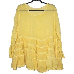 Indigo Thread Co Yellow Tiered Tunic Peasant Blouse Pullover Made In India 1X